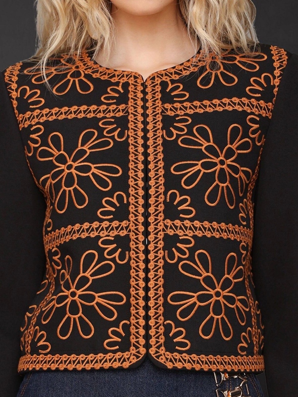 NWT Avec Les Filles Black Cropped Jacket with Orange Embroidery - Picture 2 of 10